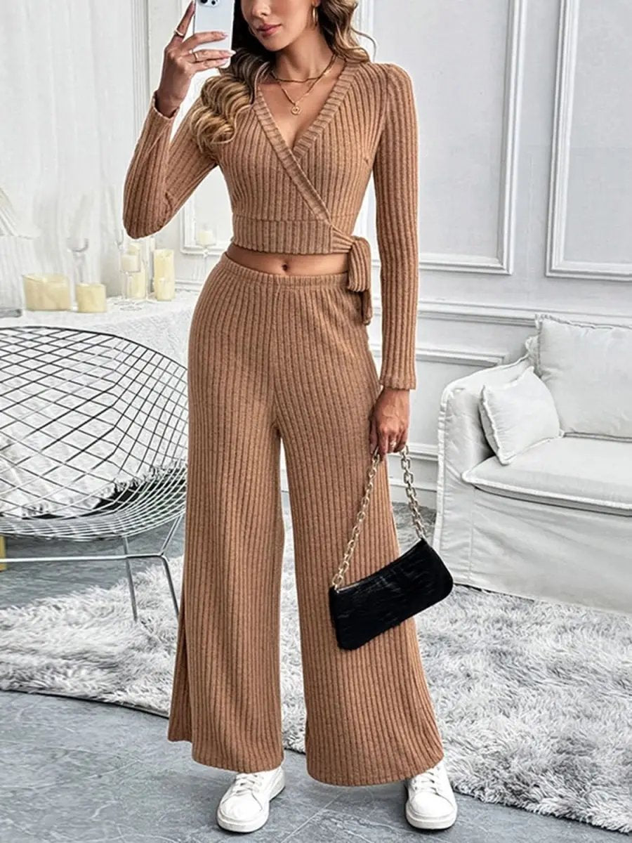 Perfee Surplice Long Sleeve Top and Pants Set - Love Salve